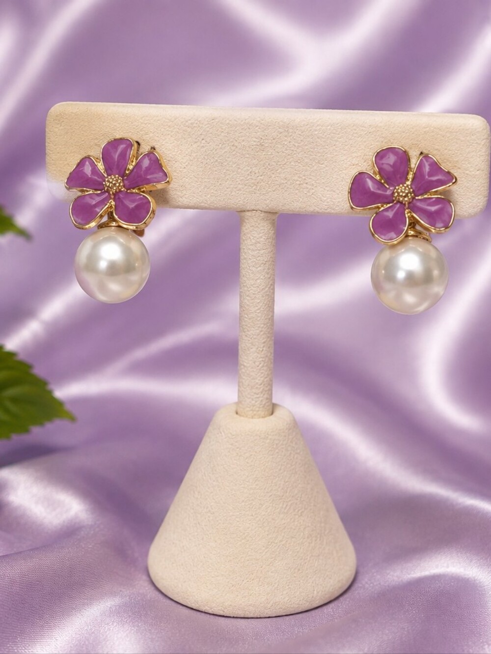 Pink Flower Pearl Drop Earrings